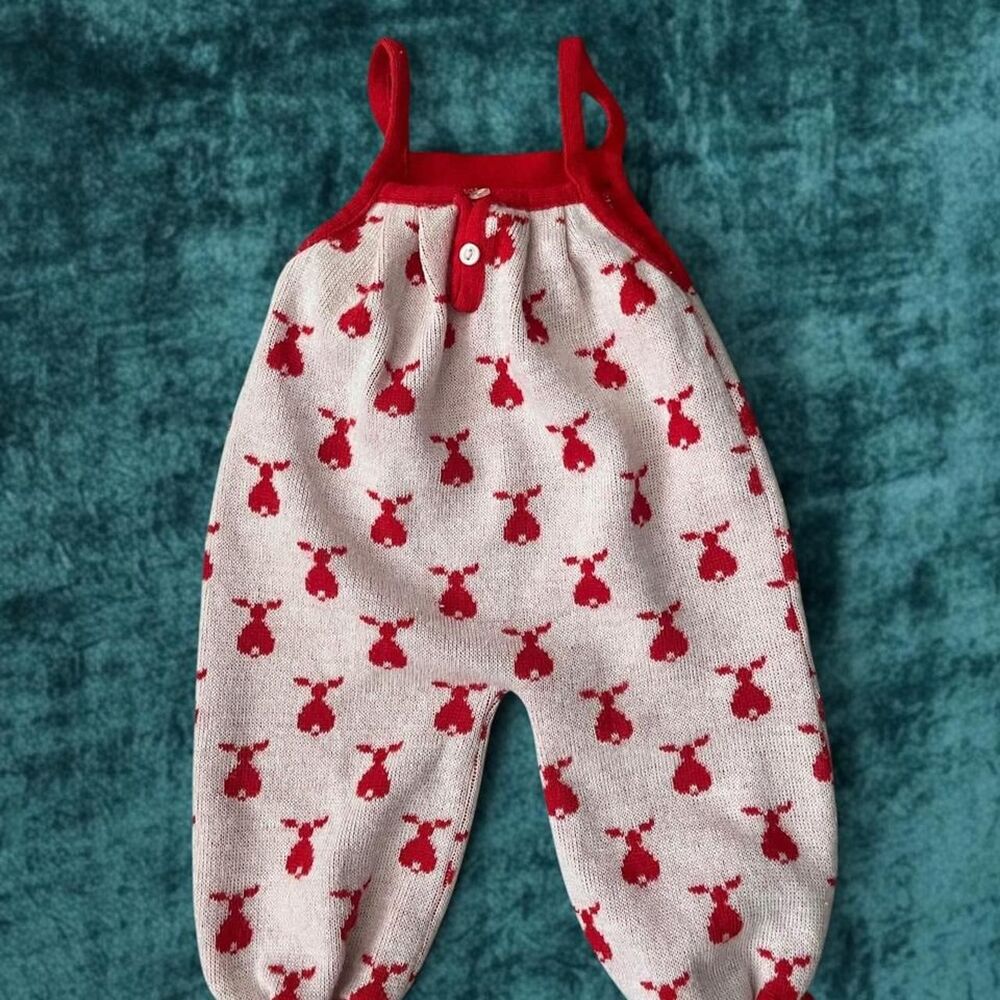 Vintage Friemanit Red White Knit Overalls Baby 12M Retro Cute